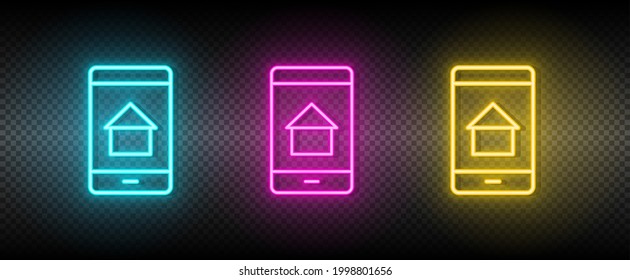 Aplicación vectorial inmobiliario, casa, móvil. Ilustración neón azul, amarillo, rojo conjunto de iconos.