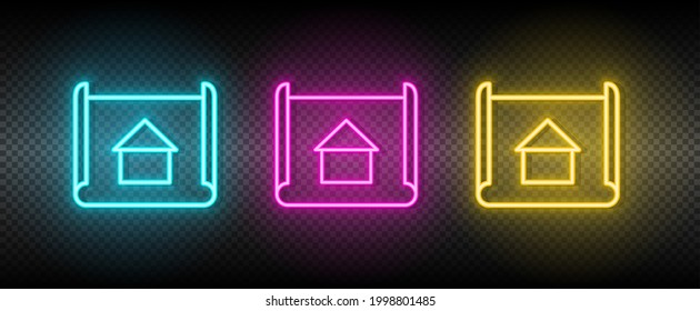 Arquitecto vectorial inmobiliario, diseño, plano. Ilustración neón azul, amarillo, rojo conjunto de iconos.