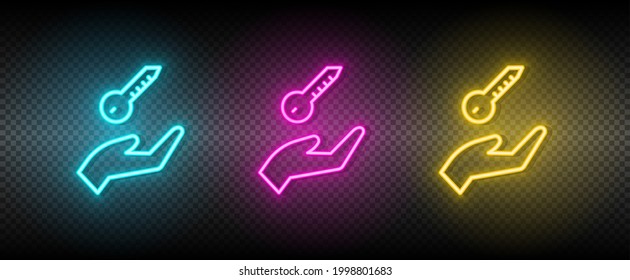 Real estate vector arm, key, home. Illustration neon blue, yellow, red icon set.