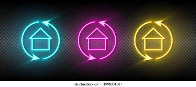 Real estate vector arrows, exchange, home. Illustration neon blue, yellow, red icon set.