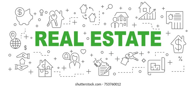 Real Estate vector banner design concept, flat style with thin line art icons on white background. Editable Stroke