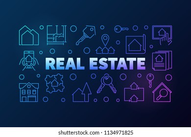 Real Estate vector banner or illustration made of thin line icons on dark background