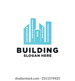 Real estate vector blue logo design for business visual identity, building, cityscape icon, house, architectural construction. geometric flat style