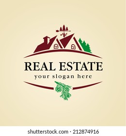 Real Estate Vector Brand Logo Concept. House For Sale Sign. Sign For Estate Agency,  Building, Construction, Lease House, Insurance, Invest Or Landscape Design Business. Country House Vintage Symbol.