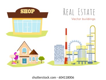 Real estate vector buildings on white. Shop store, family house with trees and huge plant. Collection of three buildings in cartoon style flat design. Process of selling, buying purchase illustration