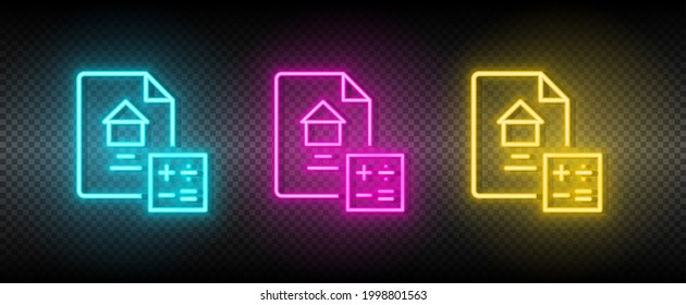 Vector inmobiliario, cálculo, contrato, casa, casa. Ilustración neón azul, amarillo, rojo conjunto de iconos.