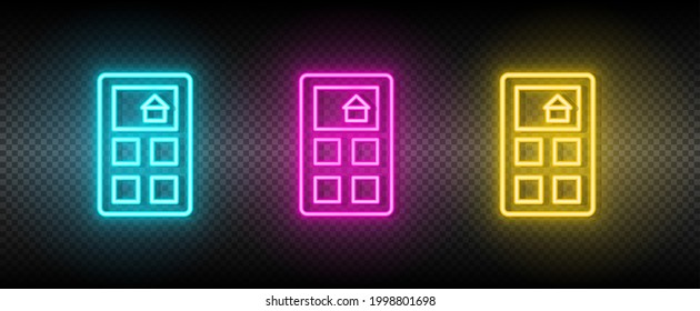 Vector de bienes raíces calcular, casa, precio. Ilustración neón azul, amarillo, rojo conjunto de iconos.