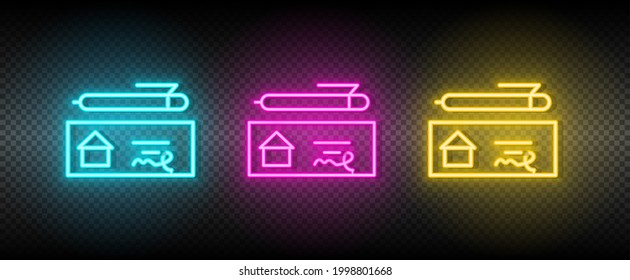 Comprobación de vectores inmobiliarios, desprotección, bolígrafo, casa. Ilustración neón azul, amarillo, rojo conjunto de iconos.