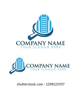 Real estate vector concept logo. Home with building and searching magnifying glass, simple house symbol, skyscrapers or arrows on the square background