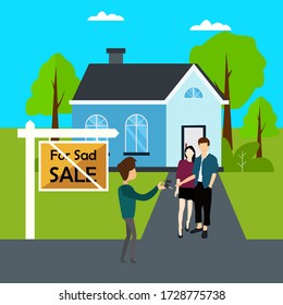 Real Estate vector concept: male figure giving the blue house keys to the buyer couple at the green house yard, in the blue cloudy skies background