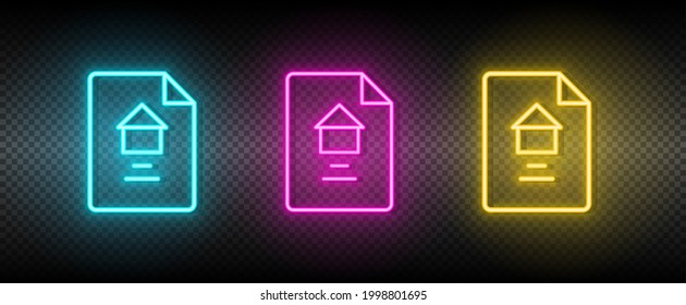 Real estate vector contract, document, property. Illustration neon blue, yellow, red icon set.