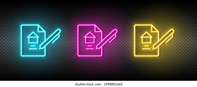 Real estate vector contract, property, rent. Illustration neon blue, yellow, red icon set.