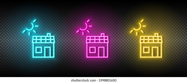 Real estate vector ecology, house, panel, solar. Illustration neon blue, yellow, red icon set.