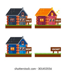 Real estate. Vector flat illustrations. Sale, sold, rent, vacant.