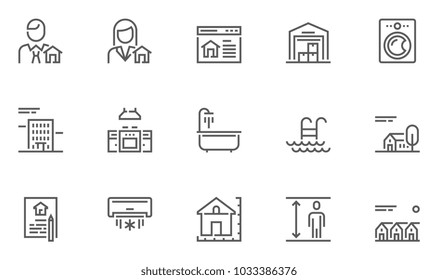 Real Estate Vector Flat Line Icons Set. Realtor, Kitchen, Warehouse, Townhouse, Bathroom. Editable Stroke. 48x48 Pixel Perfect.