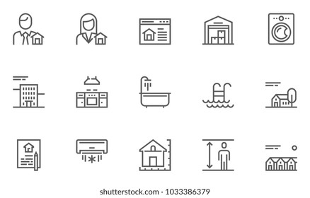 Real Estate Vector Flat Line Icons Set. Realtor, Kitchen, Warehouse, Townhouse, Bathroom. Editable Stroke. 48x48 Pixel Perfect.