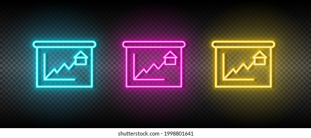Real estate vector growth, house, market. Illustration neon blue, yellow, red icon set.