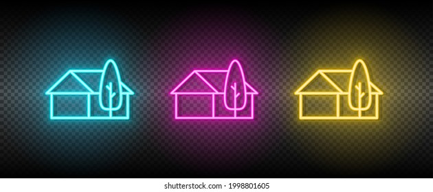 Real estate vector home, house. Illustration neon blue, yellow, red icon set.