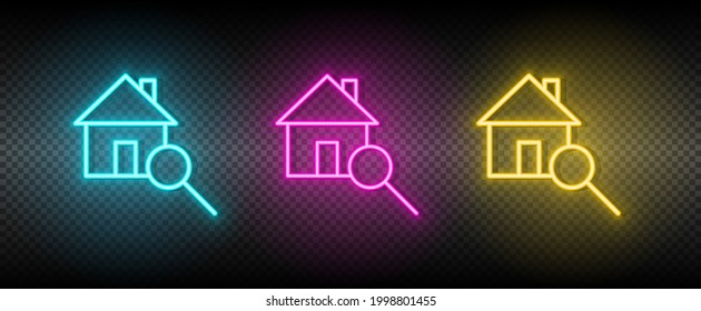 Real estate vector home, search. Illustration neon blue, yellow, red icon set.