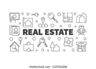 Real Estate vector horizontal banner or illustration made of outline icons