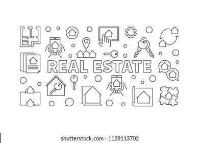 Real Estate vector horizontal banner or illustration in outline style
