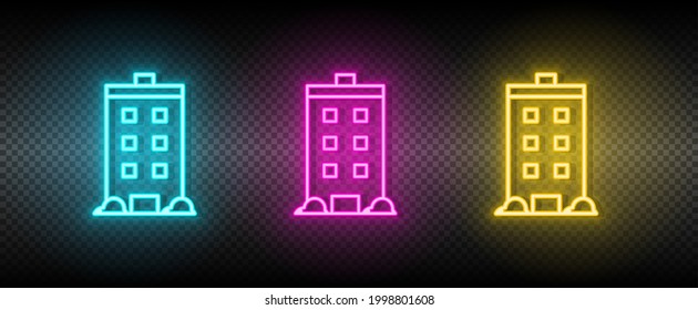 Real estate vector house, building. Illustration neon blue, yellow, red icon set.