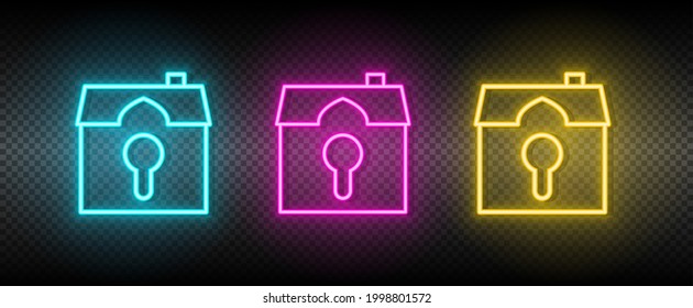 Real estate vector house, key. Illustration neon blue, yellow, red icon set.