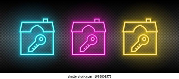 Real estate vector house, key. Illustration neon blue, yellow, red icon set.