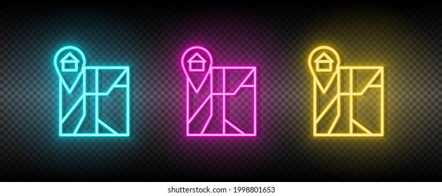Real estate vector house, location, map. Illustration neon blue, yellow, red icon set.