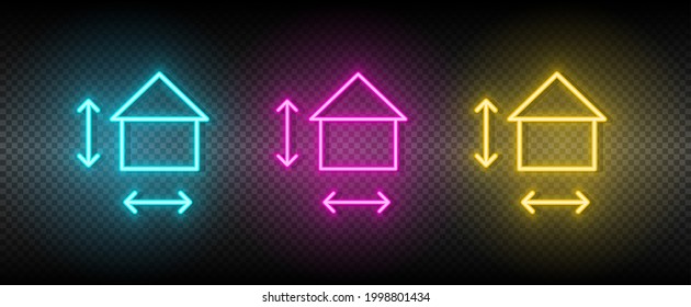 Real estate vector house, measurement, size. Illustration neon blue, yellow, red icon set.