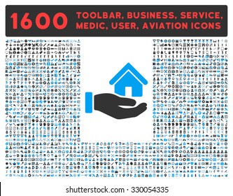 Real Estate vector icon and 1600 other business, service tools, medical care, software toolbar, web interface pictograms. Style is bicolor flat symbols, blue and gray colors, rounded angles, white