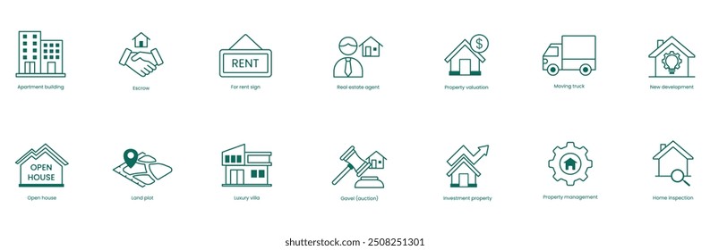 Conjunto de Ícones Vetoriais Imobiliários: Apartamento Edifício, Caução, Para Alugar Sinal, Agente Imobiliário, Avaliação Imobiliária, Caminhão em Movimento, Novos Desenvolvimentos, Casa Aberta, Terreno, Moradia de Luxo, Leilão