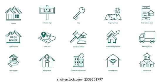 Conjunto De Ícones Vetoriais Imobiliários: Casa, Para Alugar Sinal, Chave, Mapa De Imóveis, Aplicação Imobiliária, Casa Aberta, Terreno, Leilão, Propriedade De Investimento, Caminhão Em Movimento, Empréstimo Residencial, Renovação, Propriedade Comercial