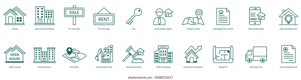 Conjunto de ícones do vetor imobiliário: agente imobiliário, mapa de propriedade, documento de hipoteca