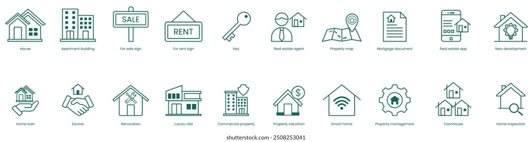 Conjunto de iconos de Vector inmobiliario: Casa, Edificio de apartamentos, Para firmar alquiler, Clave, Agente inmobiliario, Mapa de la propiedad, Documento hipotecario, App inmobiliario, Desarrollo Nuevo