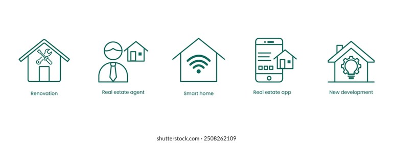 Real Estate Vector Icon Set: Renovation, Real Estate Agent, Smart Home, Real Estate App, New Development