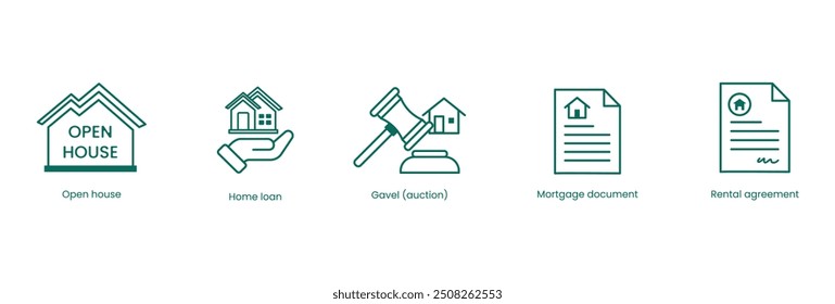 Conjunto de iconos de Vector inmobiliario: Casa abierta, préstamo de vivienda, subasta, documento hipotecario, Acuerdo de alquiler