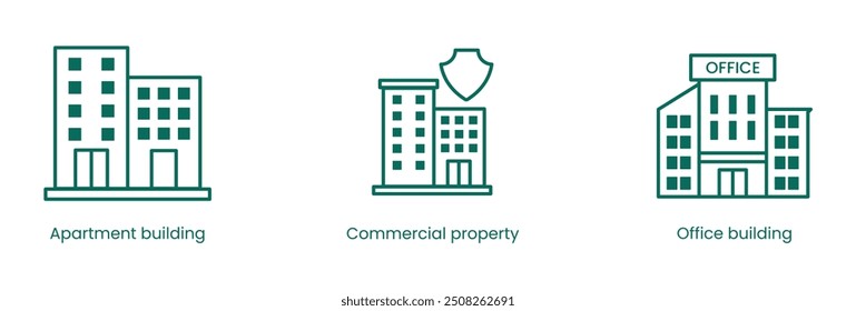 Real Estate Vector Icon Set: Apartment Building, Commercial Property, Office Building