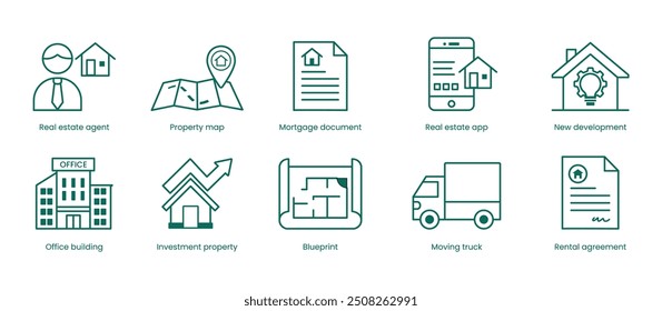 Real Estate Vector Icon Set: Real Estate Agent, Property Map, Mortgage Document, Real Estate App, New Development, Condominium, Office Building, Investment Property, Blueprint, Moving Truck
