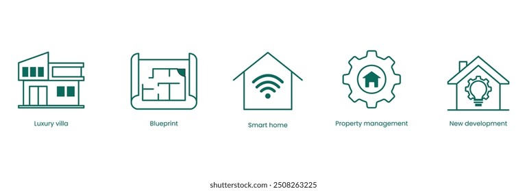 Conjunto de Ícones do Vetor Imobiliário: Moradia de luxo, Planta, Casa Inteligente, Gestão de Propriedade, Novo Desenvolvimento