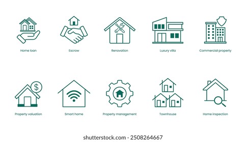 Immobilien-Vektorsymbol-Set: Home Kredit, Escrow, Renovierung, Luxus-Villa, Gewerbeimmobilien, Immobilienbewertung, Smart Home, Immobilienverwaltung, Stadthaus, Home Inspection