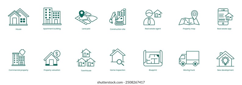 Real Estate Vector Icon Set: House, Apartment Building, Land Lot, Construction Site, Real Estate Agent, Property Map, Real Estate App, Commercial Property, Property Valuation, Townhouse