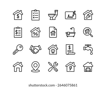 Real Estate Vector Icon Set | Adjustable Line Weight | Property, home, rent, sale, mortgage, contract, plumbing, inspection, repair, garage, location, key, bill icons