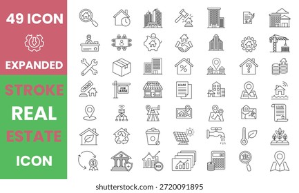 Conjunto de iconos de Vector inmobiliario con arte de contorno expandido