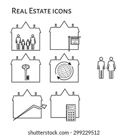 Real estate vector icon set family symbol in house, house for sale, key house, worldwide symbol, price increase and digital lock