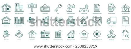 Real Estate Vector Icon Set: Land Plot, Construction Site, Auction, Office Building, Investment Property, Blueprint, Moving Truck, Rental Agreement, Home Loan, Escrow, Renovation, Luxury Villa