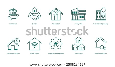 Real Estate Vector Icon Set: Home Loan, Escrow, Renovation, Luxury Villa, Commercial Property, Property Valuation, Smart Home, Property Management, Townhouse, Home Inspection