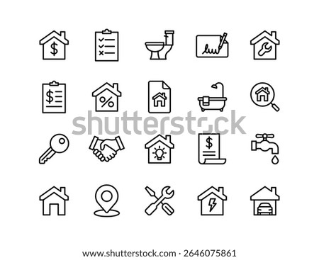 Real Estate Vector Icon Set | Adjustable Line Weight | Property, home, rent, sale, mortgage, contract, plumbing, inspection, repair, garage, location, key, bill icons