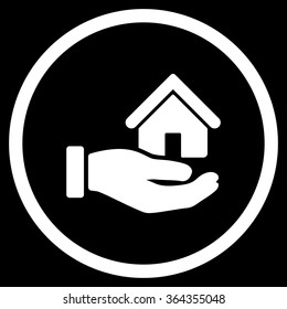 Real Estate vector icon. Style is flat circled symbol, white color, rounded angles, black background.