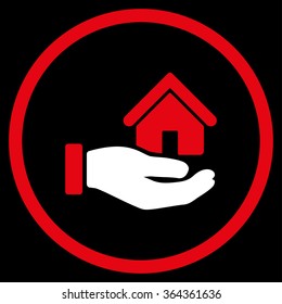 Real Estate vector icon. Style is bicolor flat circled symbol, red and white colors, rounded angles, black background.